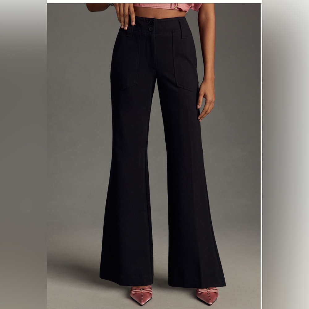 anthropologie maeve Naomi Ponte Wide-Leg Flare Pants Black Trousers 10
